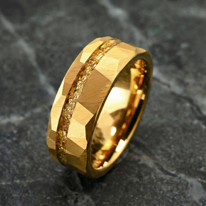 18K Gold Tungsten Hammered Wedding Band with Gold Leaf Inlay