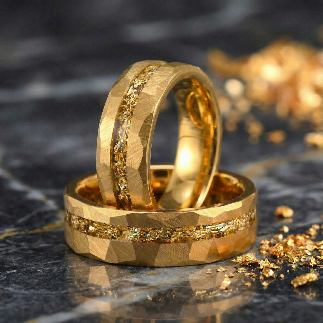 18K Gold Tungsten Hammered Wedding Band with Gold Leaf Inlay