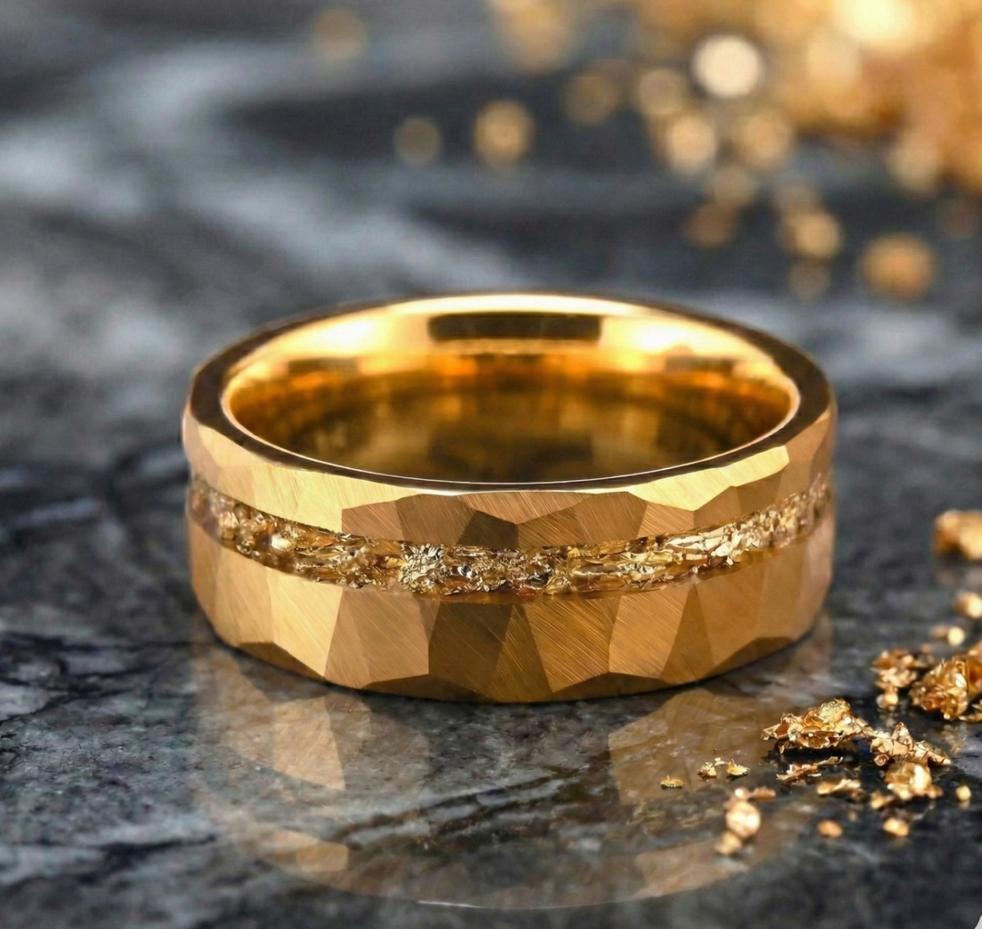 18K Gold Tungsten Hammered Wedding Band with Gold Leaf Inlay