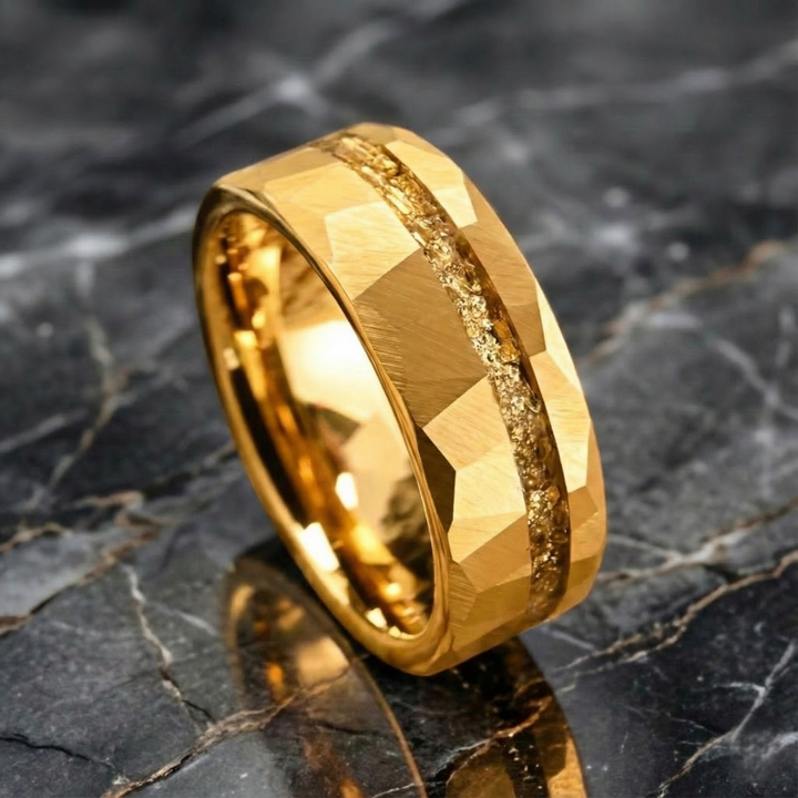 18K Gold Tungsten Hammered Wedding Band with Gold Leaf Inlay