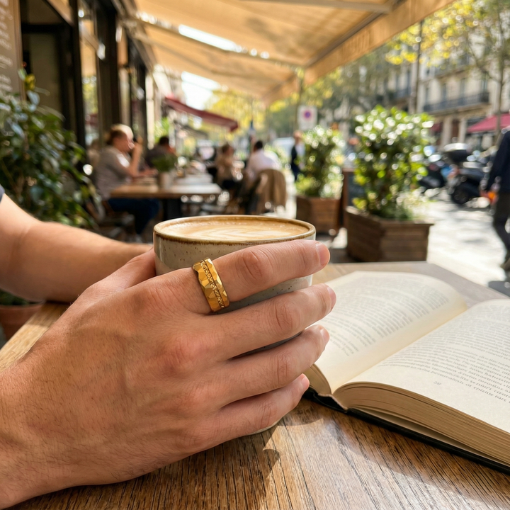 18K Gold Tungsten Hammered Wedding Band with Gold Leaf Inlay