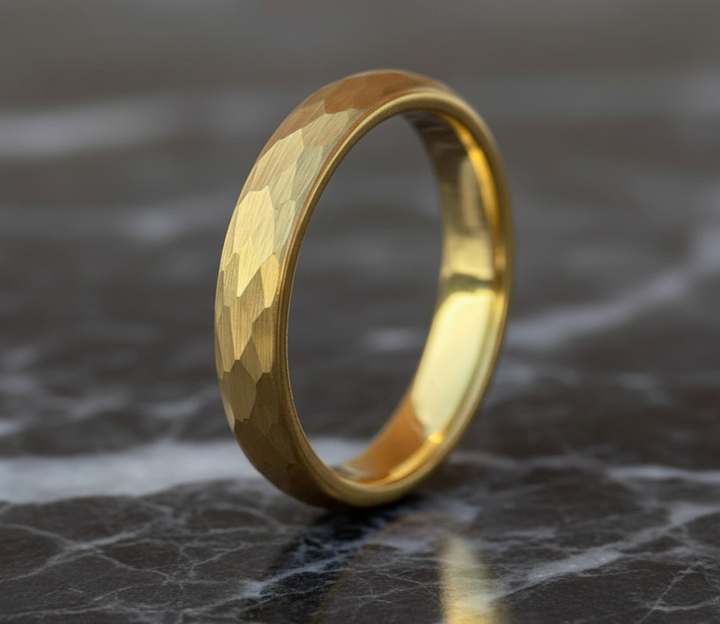 4mm Gold Hammered Tungsten Wedding Band