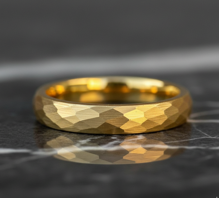 4mm Gold Hammered Tungsten Wedding Band
