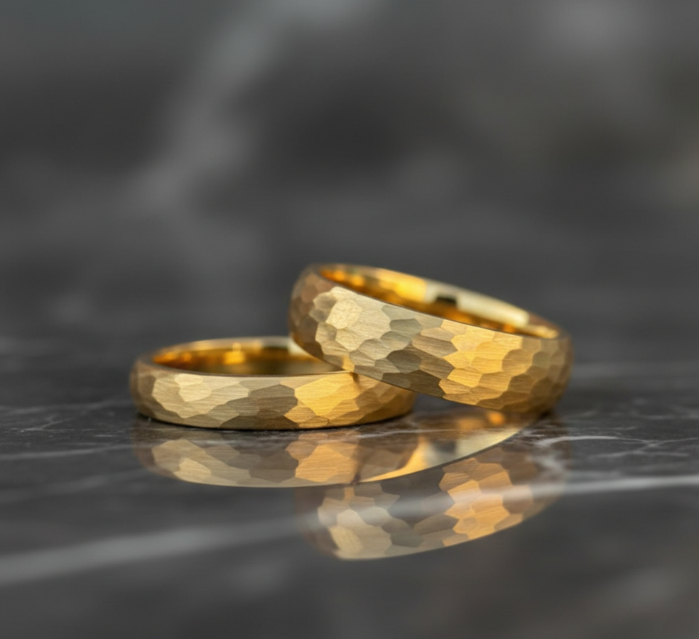4mm Gold Hammered Tungsten Wedding Band