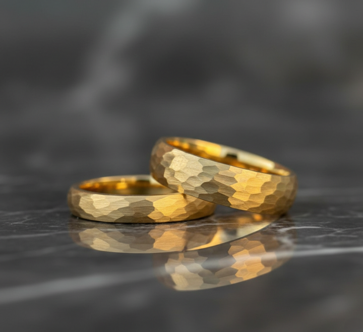 4mm Gold Hammered Tungsten Wedding Band