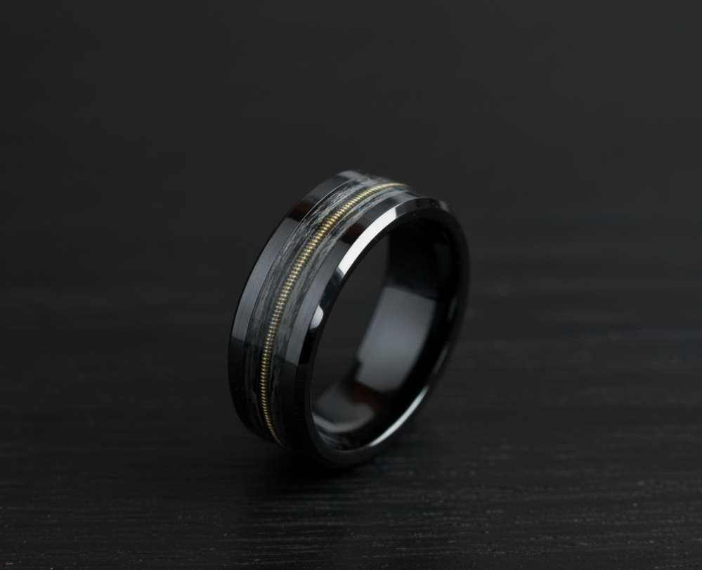 Black Ceramic Ring: Oak and Guitar String Inlay, Musician Wedding Band