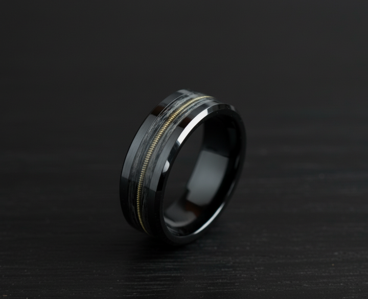 Black Ceramic Ring: Oak and Guitar String Inlay, Musician Wedding Band