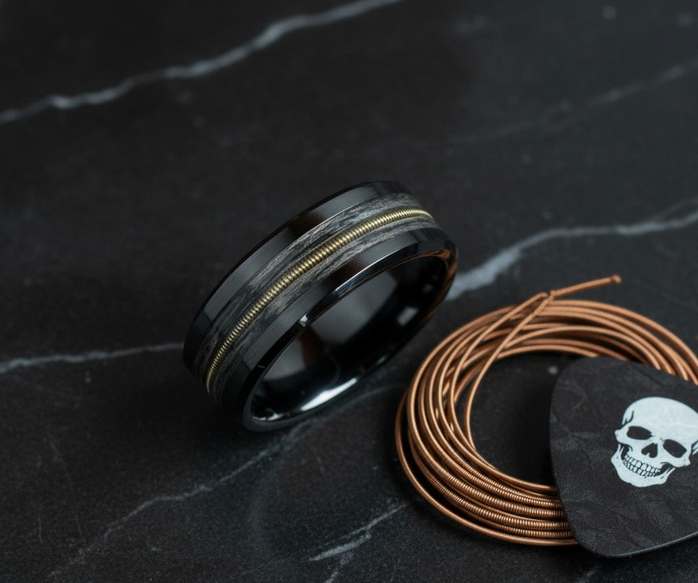 Black Ceramic Ring: Oak and Guitar String Inlay, Musician Wedding Band