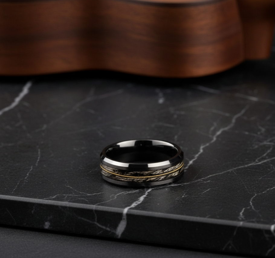 Black Ceramic Ring: Oak and Guitar String Inlay, Musician Wedding Band