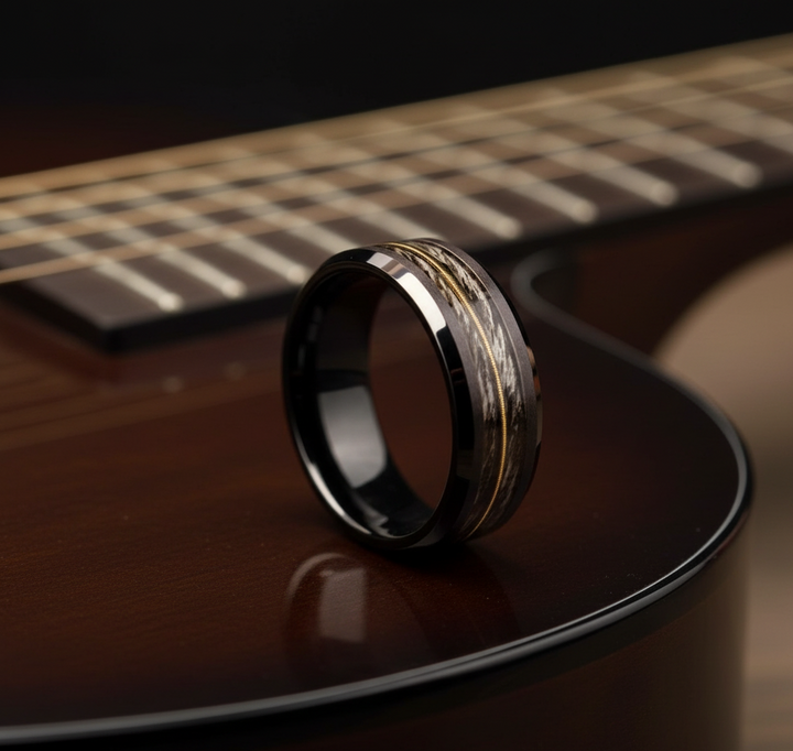Black Ceramic Ring: Oak and Guitar String Inlay, Musician Wedding Band