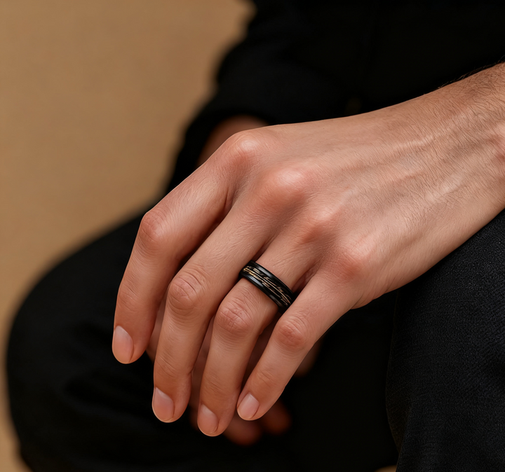 Black Ceramic Ring: Oak and Guitar String Inlay, Musician Wedding Band