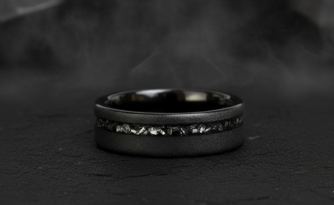 Black Meteorite Sandblasted Black Tungsten Wedding Ring