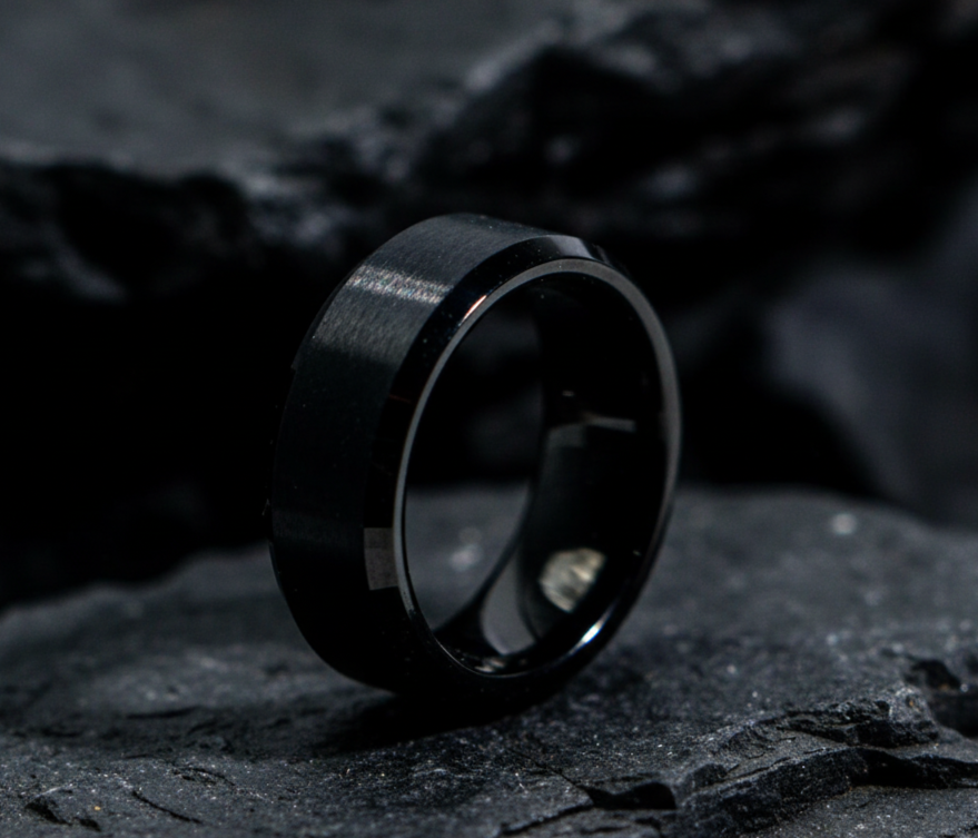 Black Tungsten Band with Beveled Edges Brushed Center