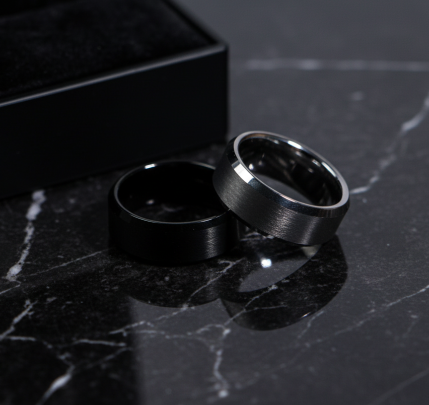 Black Tungsten Band with Beveled Edges Brushed Center