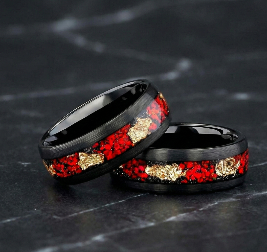 Black Tungsten Men’s Wedding Ring with Red Opal and Gold Leaf Inlay