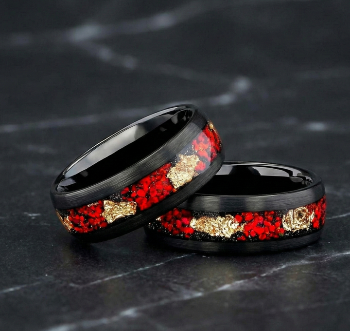 Black Tungsten Men’s Wedding Ring with Red Opal and Gold Leaf Inlay