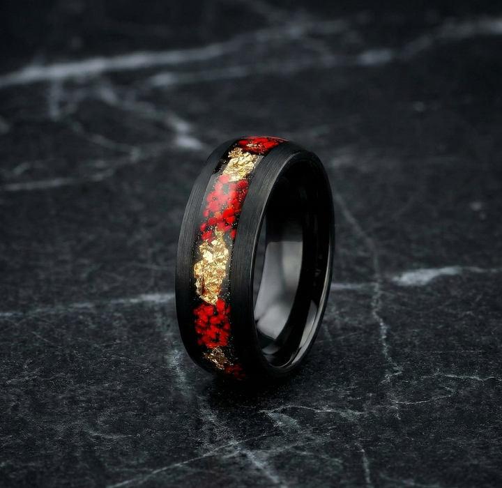 Black Tungsten Men’s Wedding Ring with Red Opal and Gold Leaf Inlay
