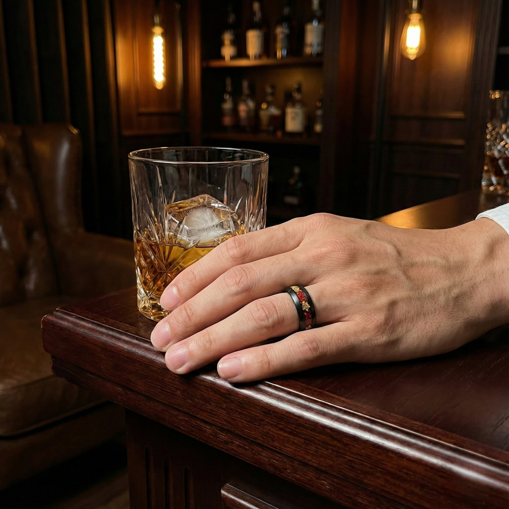 Black Tungsten Men’s Wedding Ring with Red Opal and Gold Leaf Inlay