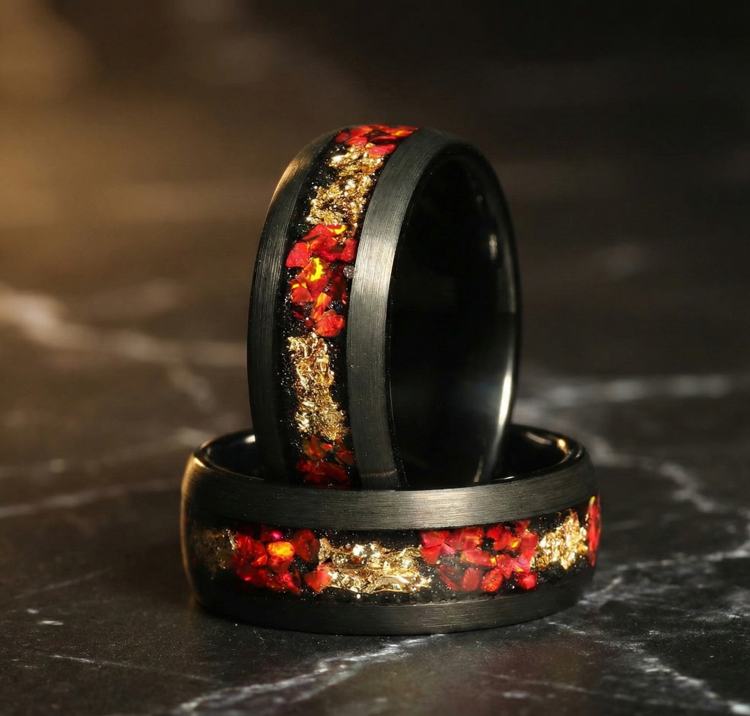 Black Tungsten Men’s Wedding Ring with Red Opal and Gold Leaf Inlay