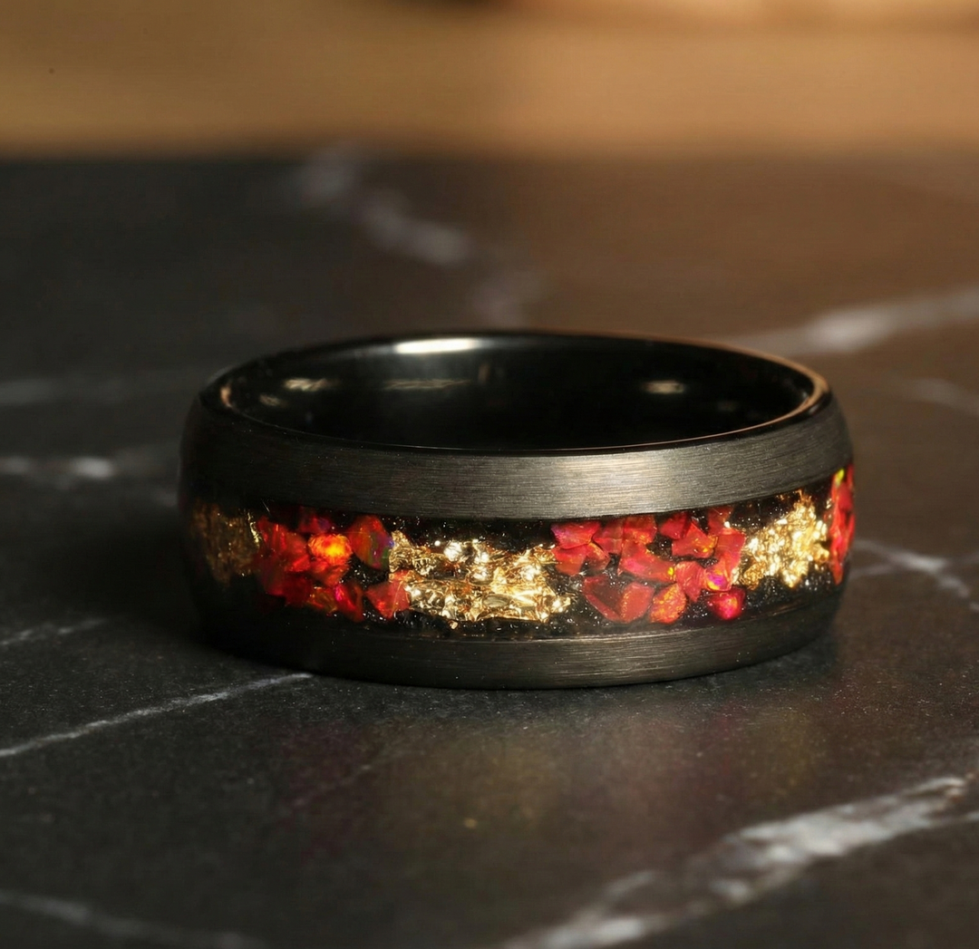 Black Tungsten Men’s Wedding Ring with Red Opal and Gold Leaf Inlay