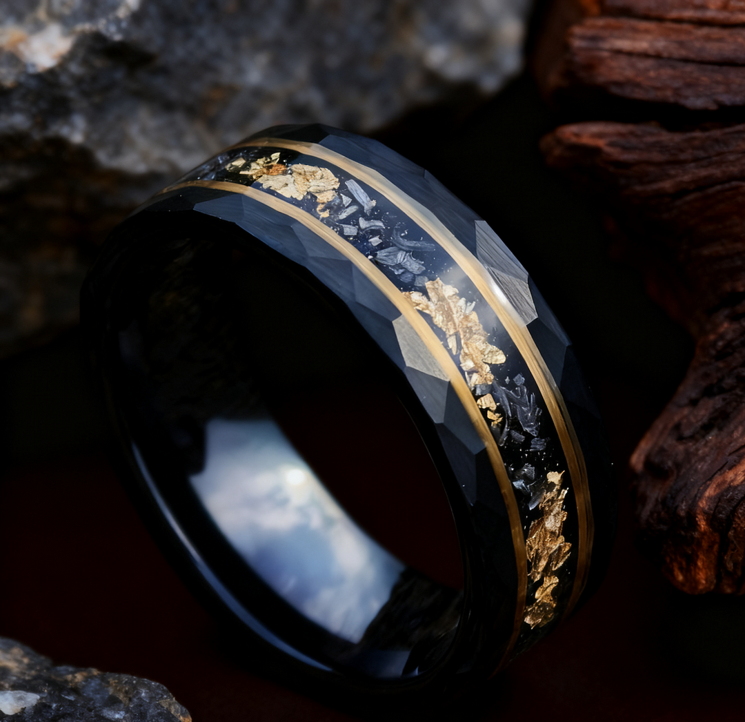 Black Tungsten Ring with Gold Leaf and Meteorite Inlay