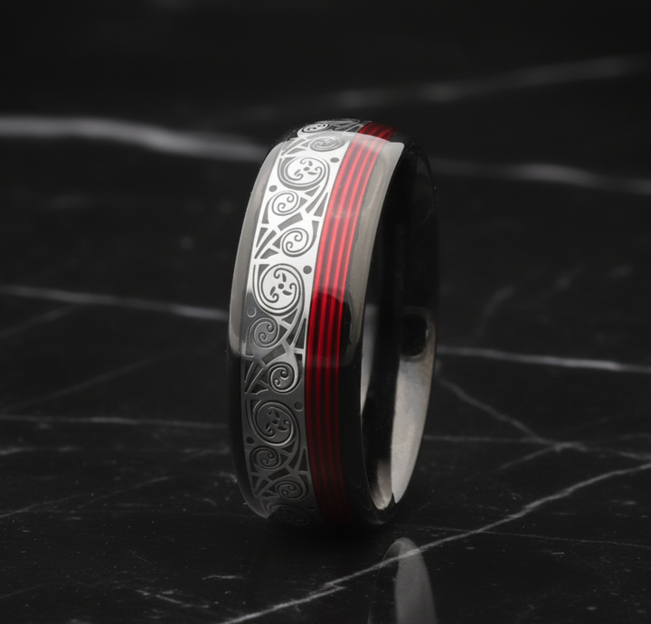 Black Tungsten Wedding Band With Guitar String Spiral Inlay