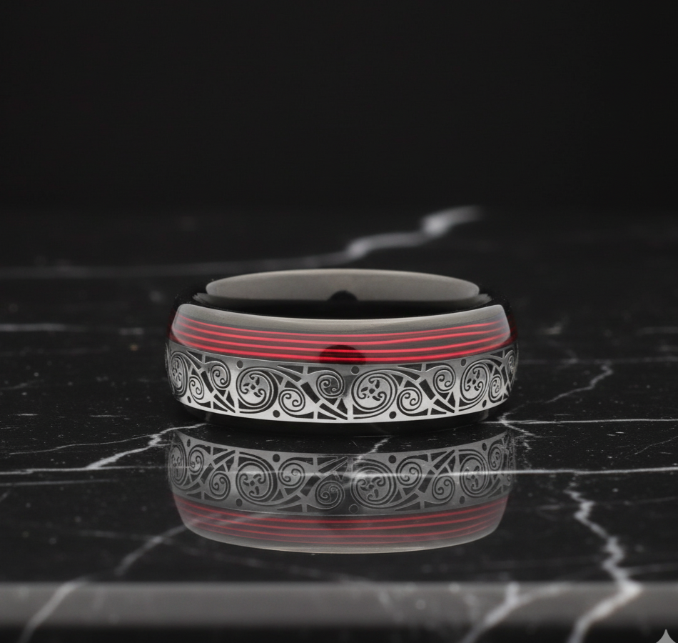 Black Tungsten Wedding Band With Guitar String Spiral Inlay