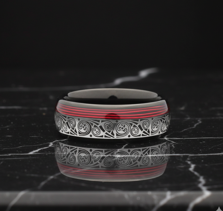 Black Tungsten Wedding Band With Guitar String Spiral Inlay