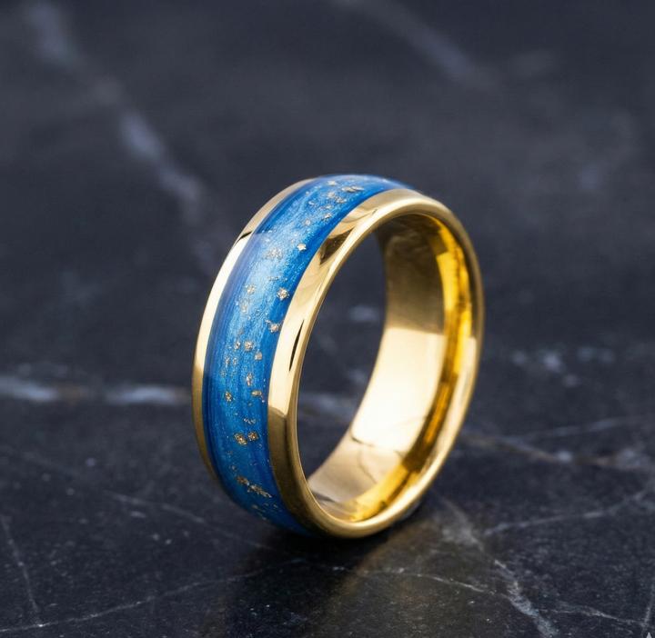 Blue and Green Sand Gold Flecked Tungsten Carbide Wedding Band