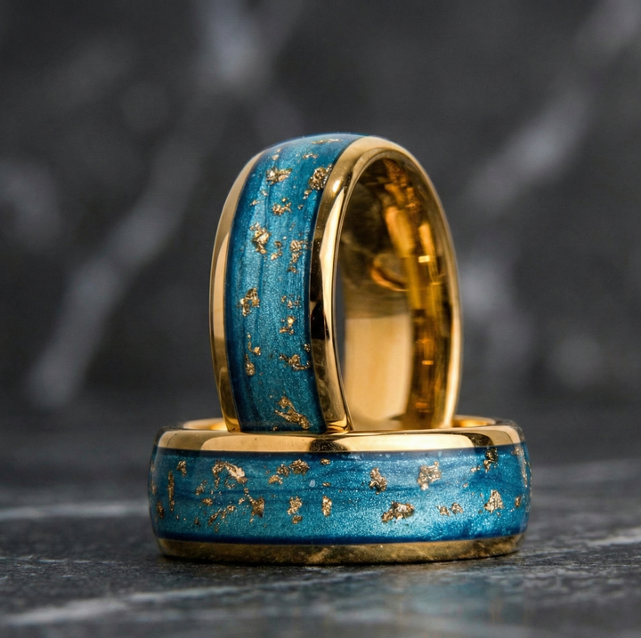 Blue and Green Sand Gold Flecked Tungsten Carbide Wedding Band