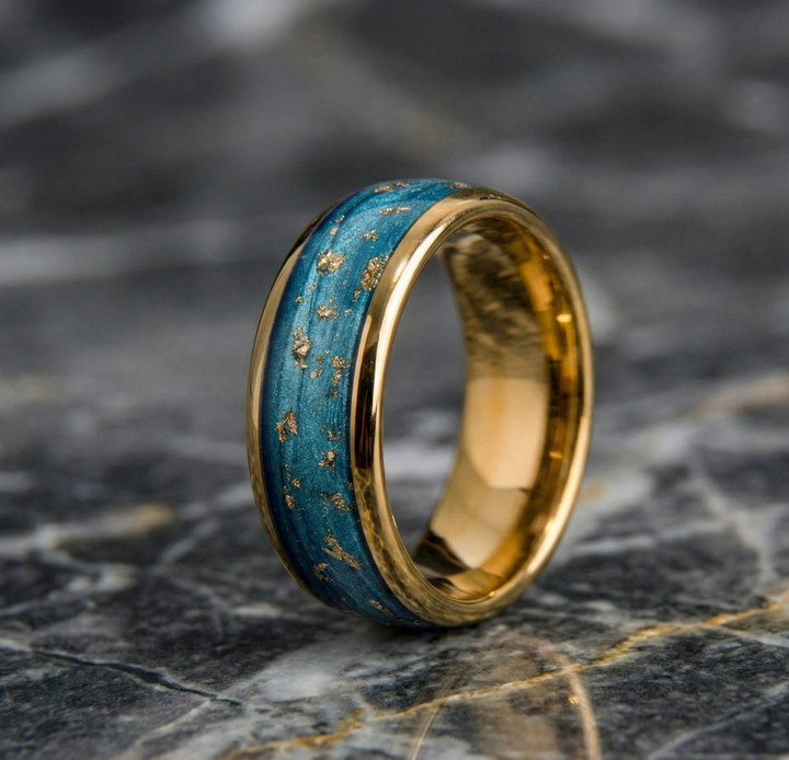 Blue and Green Sand Gold Flecked Tungsten Carbide Wedding Band