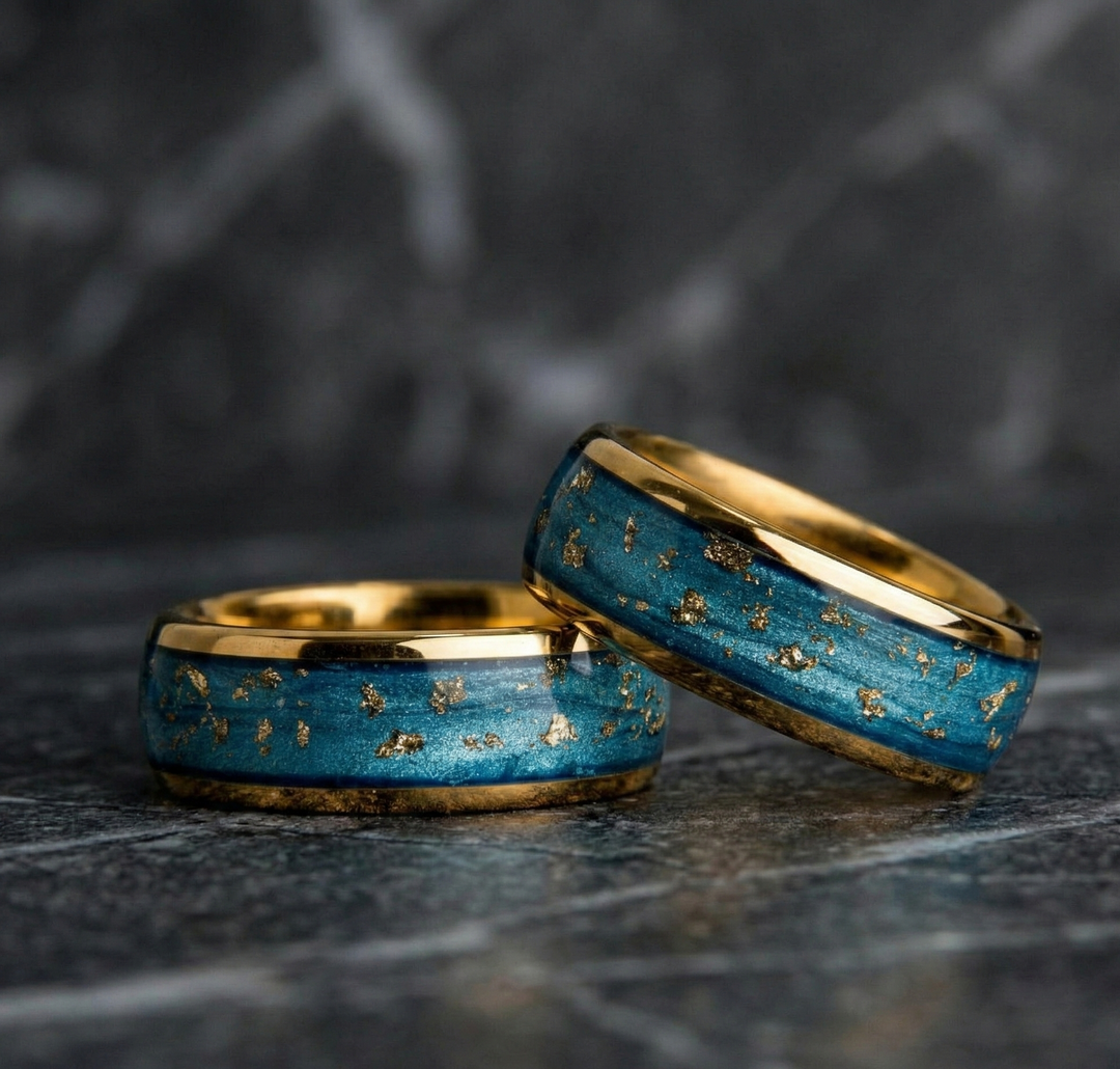 Blue and Green Sand Gold Flecked Tungsten Carbide Wedding Band