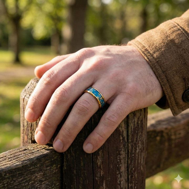 Blue and Green Sand Gold Flecked Tungsten Carbide Wedding Band