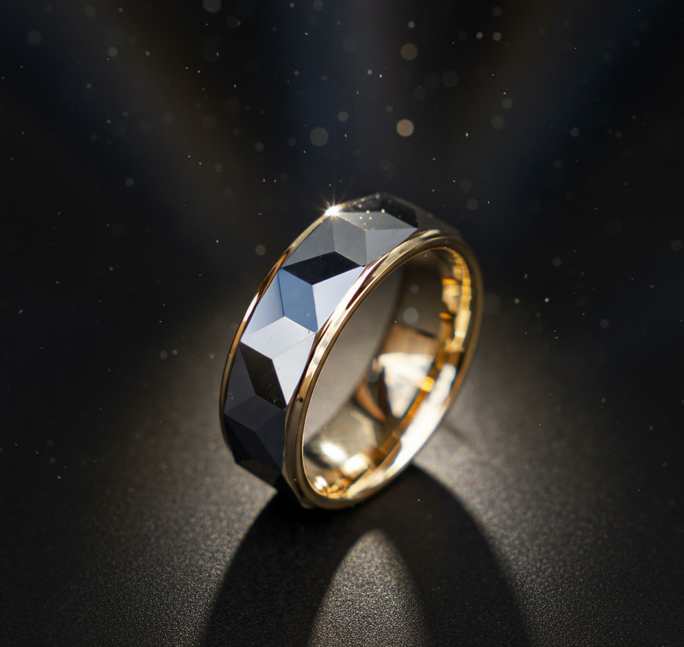 Faceted Silver and Gold Tungsten Ring with gold polished Edges