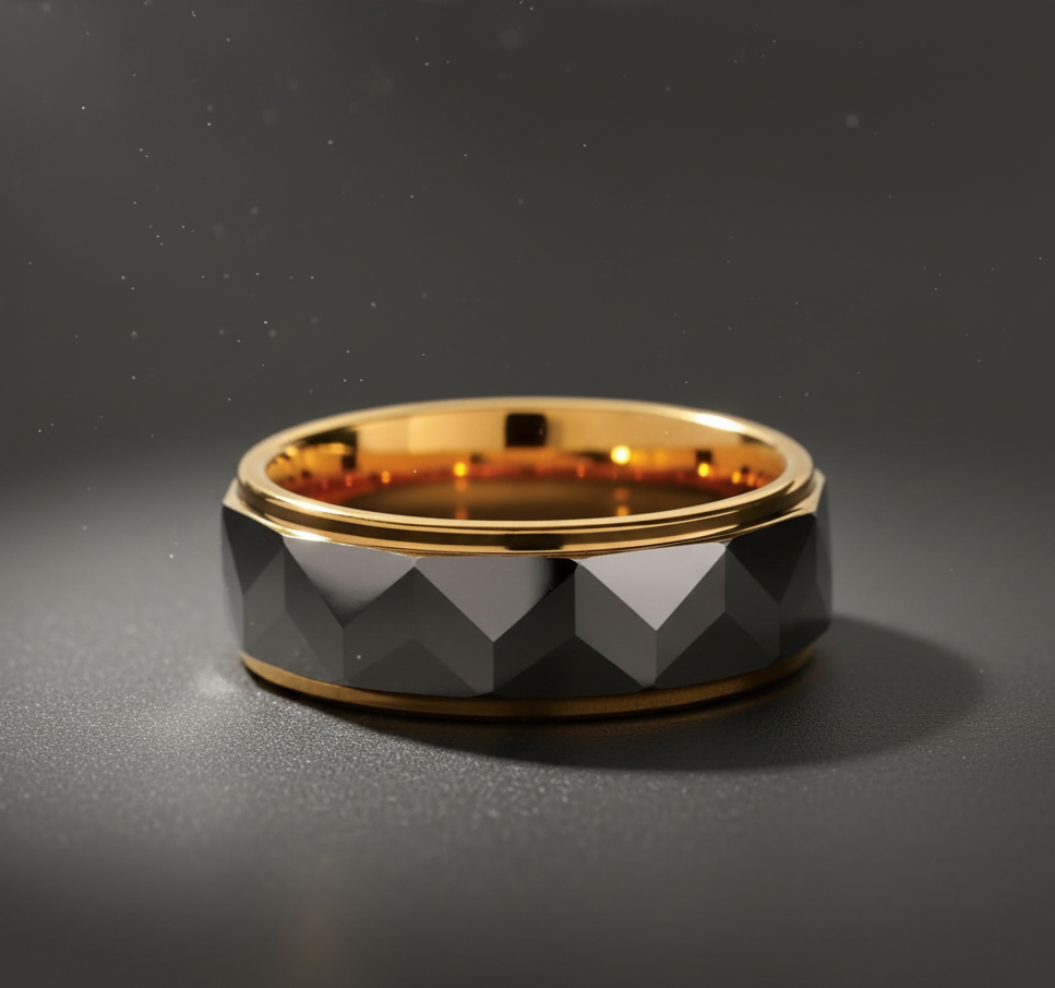 Faceted Silver and Gold Tungsten Ring with gold polished Edges