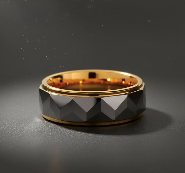 Faceted Silver and Gold Tungsten Ring with gold polished Edges
