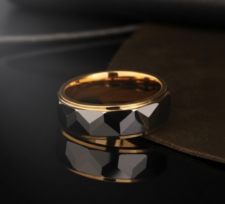Faceted Silver and Gold Tungsten Ring with gold polished Edges