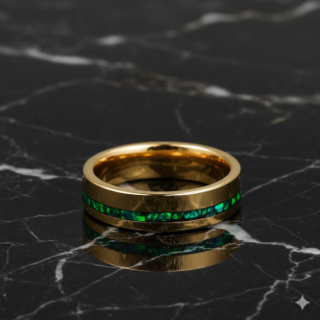 Gold Tungsten Ring With Green Opal Inlay