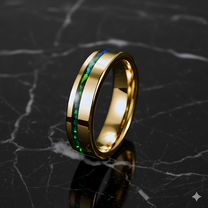 Gold Tungsten Ring With Green Opal Inlay