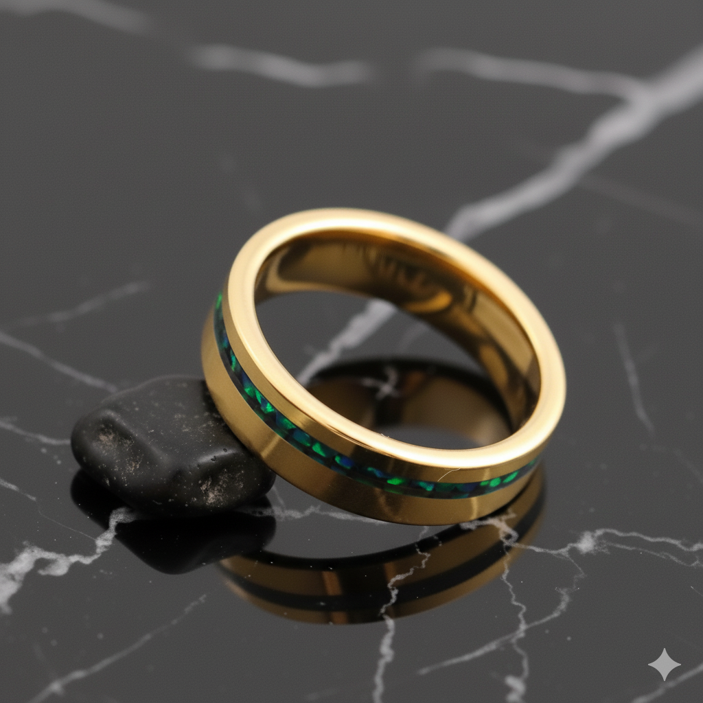 Gold Tungsten Ring With Green Opal Inlay