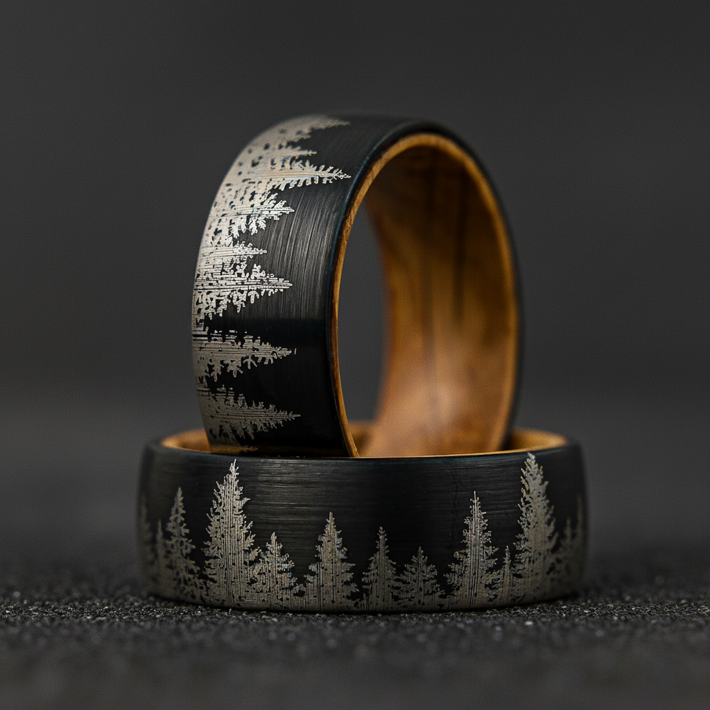 Whiskey Barrel Tungsten Ring Forest Engraved Wooden Wedding Band