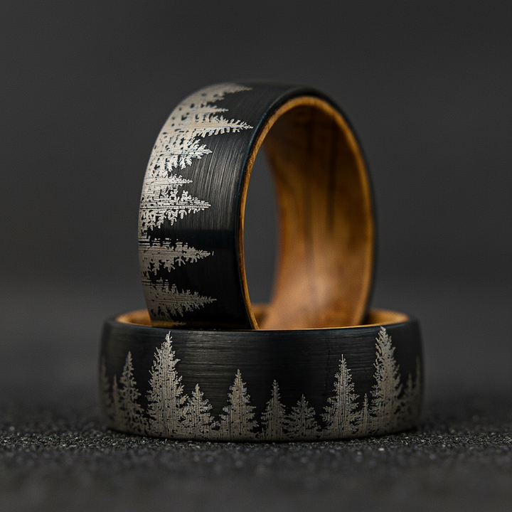 Whiskey Barrel Tungsten Ring Forest Engraved Wooden Wedding Band