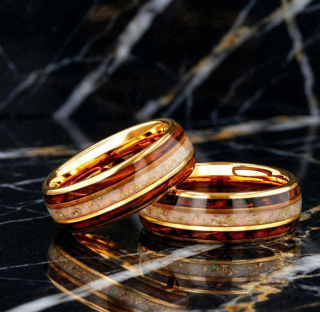 Gold Tungsten Ring with White Fire Opal and Charred Whiskey Barrel Wood Inlay