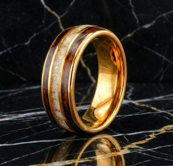Gold Tungsten Ring with White Fire Opal and Charred Whiskey Barrel Wood Inlay