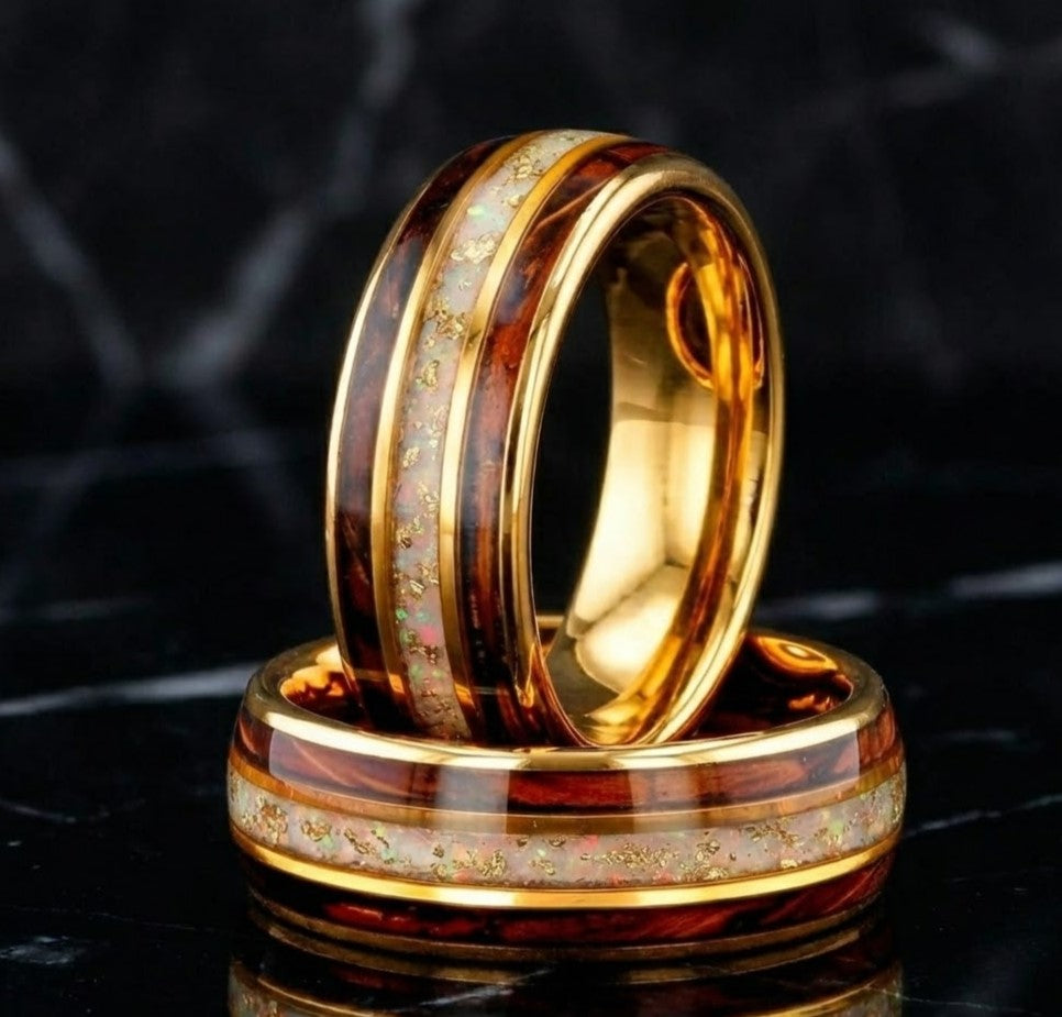 Gold Tungsten Ring with White Fire Opal and Charred Whiskey Barrel Wood Inlay