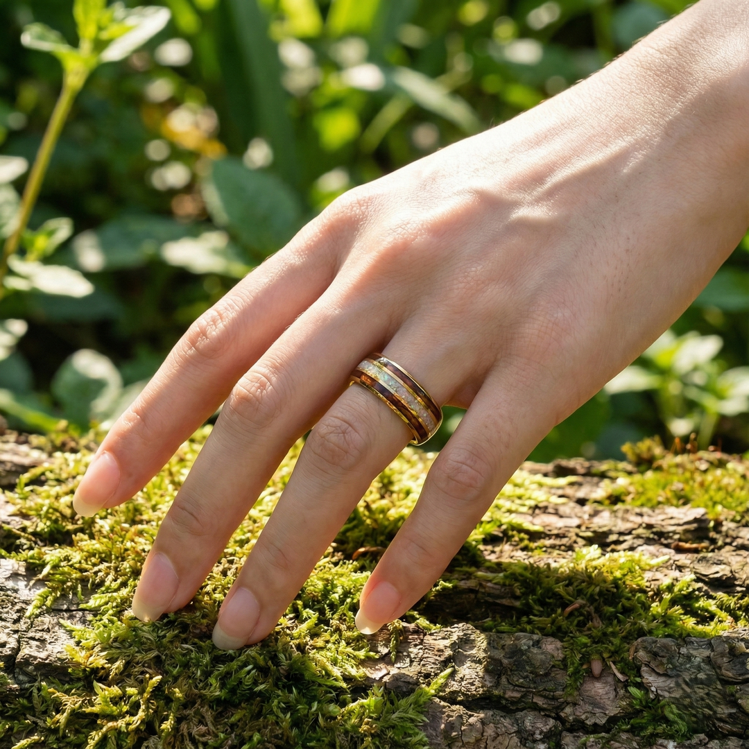 Gold Tungsten Ring with White Fire Opal and Charred Whiskey Barrel Wood Inlay
