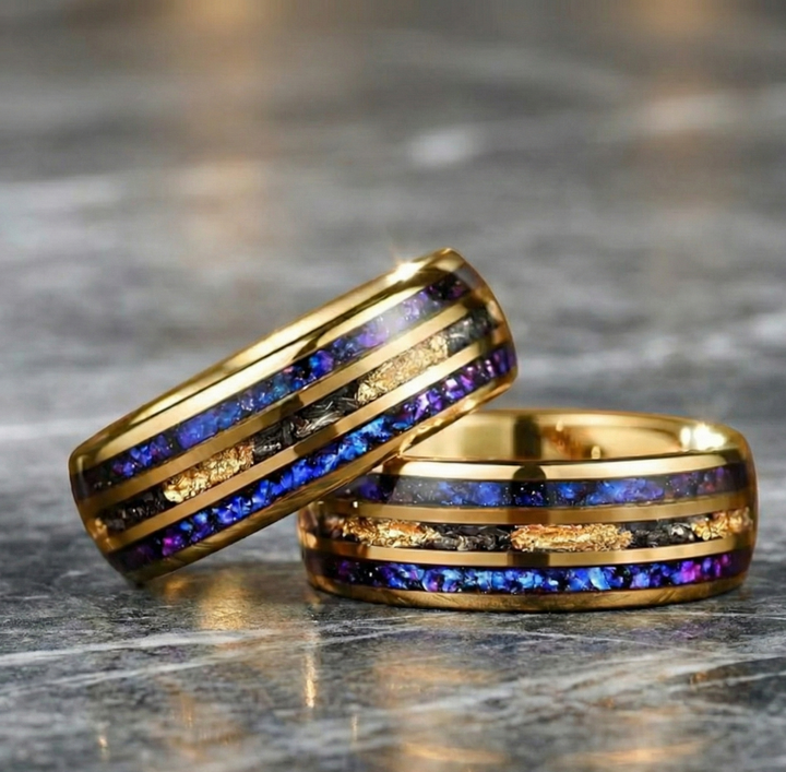 Gold Tungsten Wedding Band with Purple Opal and Meteorite Inlay