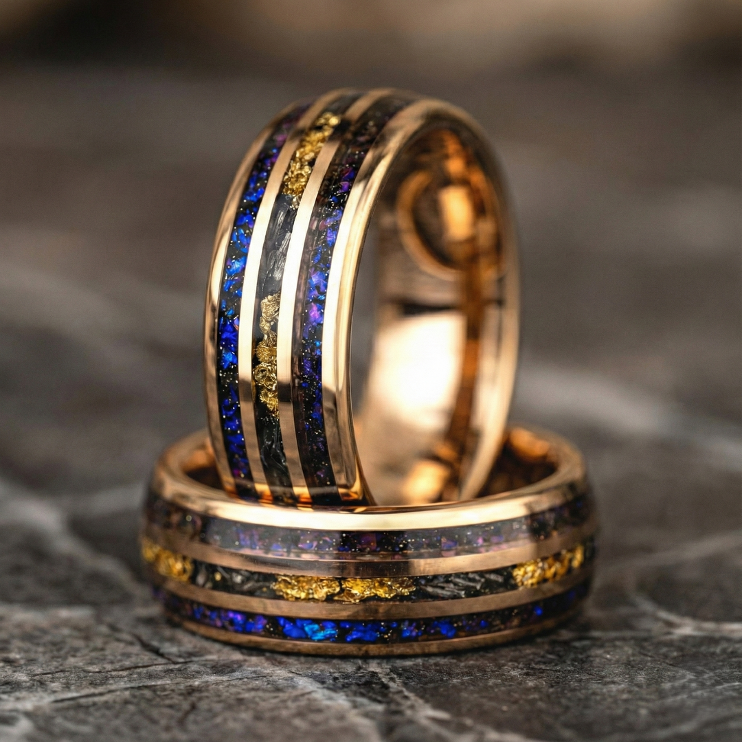 Gold Tungsten Wedding Band with Purple Opal and Meteorite Inlay