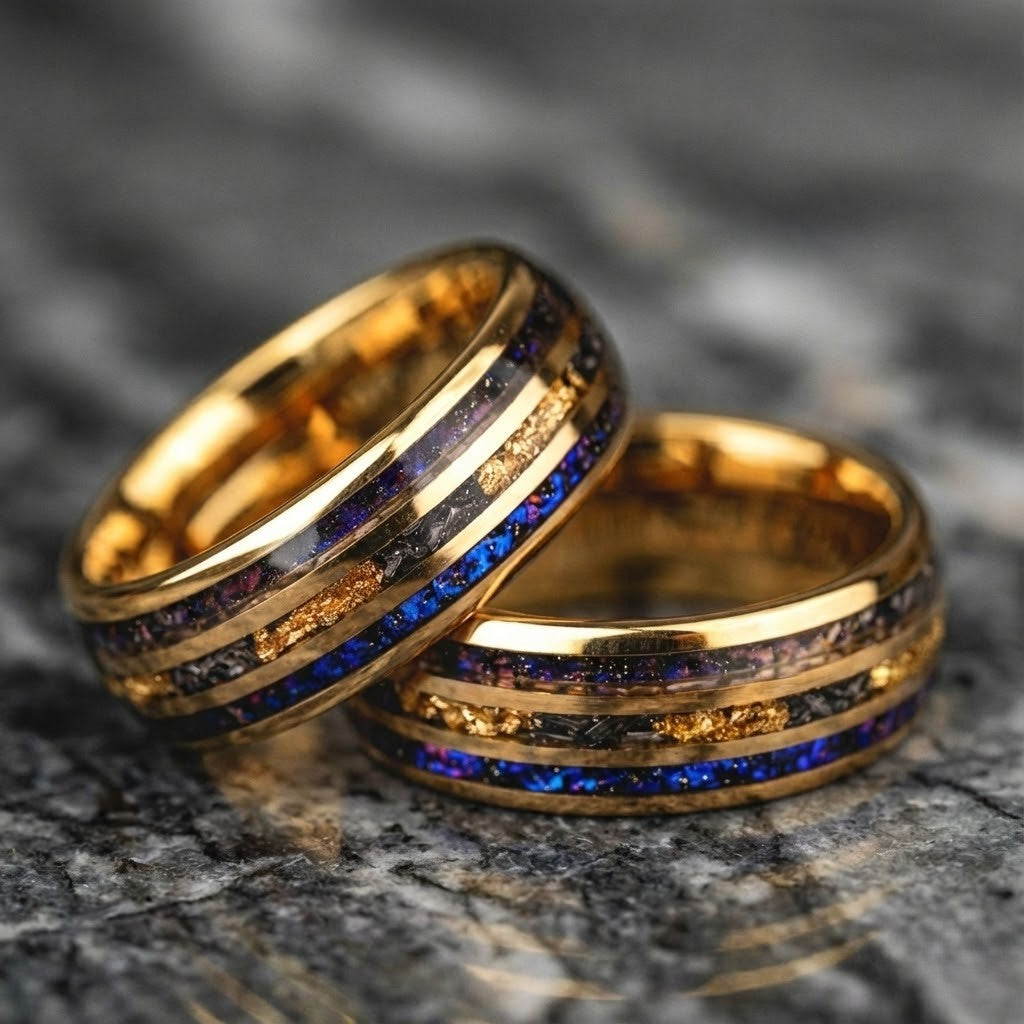 Gold Tungsten Wedding Band with Purple Opal and Meteorite Inlay