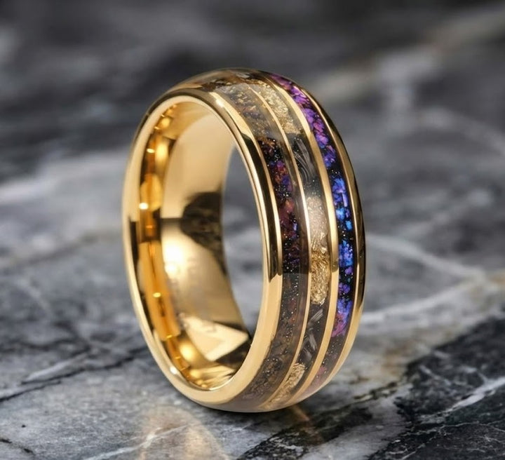 Gold Tungsten Wedding Band with Purple Opal and Meteorite Inlay